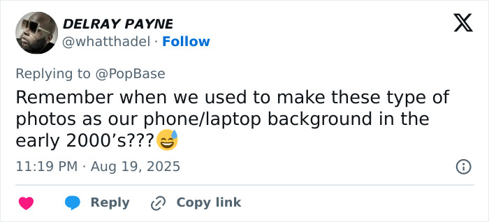 Tweet by Delray Payne reminiscing about making these types of photos phone or laptop backgrounds in the early 2000s. Tweet by Delray Payne reminiscing about making these types of photos phone or laptop backgrounds in the early 2000s.