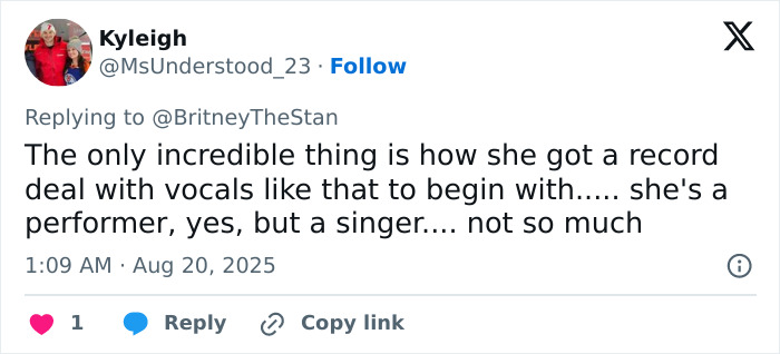 Tweet from Kyleigh expressing concern about Britney Spears' vocals despite her being a performer, related to wild video from messy house. Tweet from Kyleigh expressing concern about Britney Spears' vocals despite her being a performer, related to wild video from messy house.