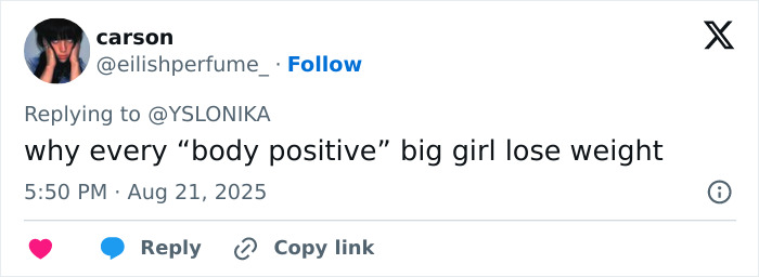 Tweet from user carson questioning why body positive big girls lose weight, relating to Meghan Trainor appearing unrecognizable. Tweet from user carson questioning why body positive big girls lose weight, relating to Meghan Trainor appearing unrecognizable.