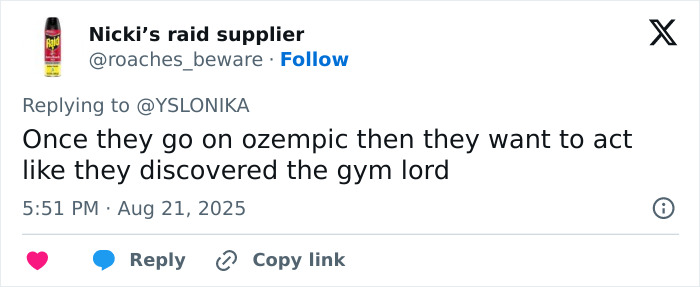 Tweet from Nicki’s raid supplier reacting to Ozempic usage, discussing gym culture and transformation trends. Tweet from Nicki’s raid supplier reacting to Ozempic usage, discussing gym culture and transformation trends.