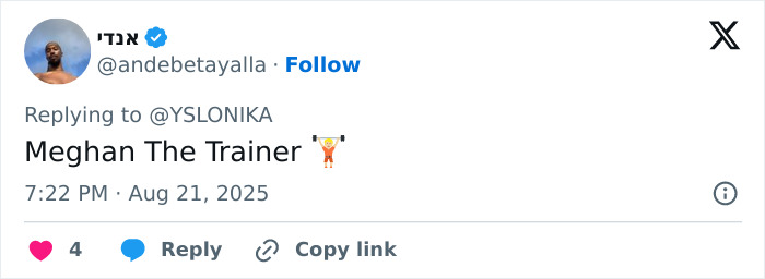 Tweet text saying Meghan The Trainer with an emoji, referencing Meghan Trainor in a humorous social media reply. Tweet text saying Meghan The Trainer with an emoji, referencing Meghan Trainor in a humorous social media reply.