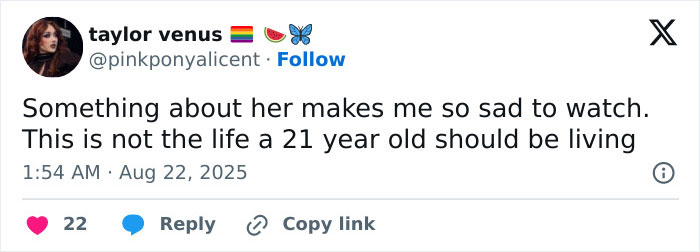 Screenshot of a tweet expressing sadness about Millie Bobby Brown’s life after adopting a baby at 21 years old. Screenshot of a tweet expressing sadness about Millie Bobby Brown’s life after adopting a baby at 21 years old.