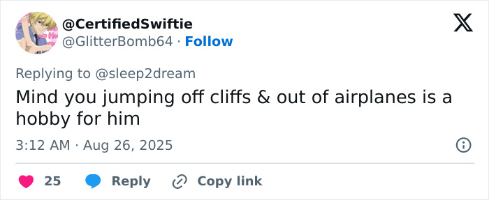 Tweet about jumping off cliffs and airplanes as a hobby, related to Tom Cruise brutally roasted viral photo with Ana de Armas. Tweet about jumping off cliffs and airplanes as a hobby, related to Tom Cruise brutally roasted viral photo with Ana de Armas.