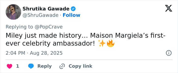 Tweet announcing Miley Cyrus as the first celebrity ambassador for Maison Margiela with a fire and sparkle emoji. Tweet announcing Miley Cyrus as the first celebrity ambassador for Maison Margiela with a fire and sparkle emoji.
