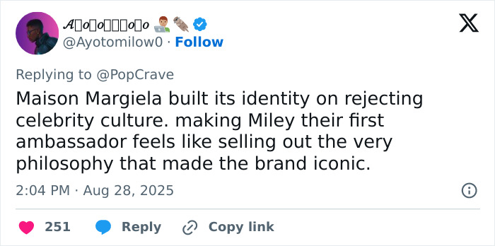Tweet discussing Miley Cyrus body paint campaign for Maison Margiela and its impact on the brand’s identity and philosophy. Tweet discussing Miley Cyrus body paint campaign for Maison Margiela and its impact on the brand’s identity and philosophy.