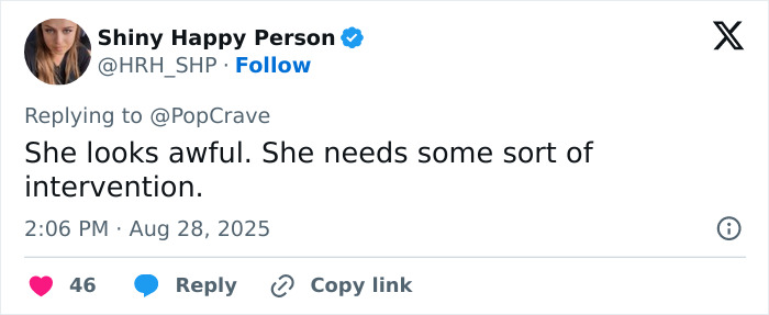 Tweet by Shiny Happy Person criticizing Miley Cyrus' body paint campaign for Maison Margiela with negative opinion, posted August 2025. Tweet by Shiny Happy Person criticizing Miley Cyrus' body paint campaign for Maison Margiela with negative opinion, posted August 2025.