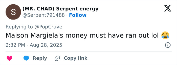 Tweet by a user sarcastically commenting on Maison Margiela's campaign featuring Miley Cyrus’ body paint causing online debate. Tweet by a user sarcastically commenting on Maison Margiela's campaign featuring Miley Cyrus’ body paint causing online debate.