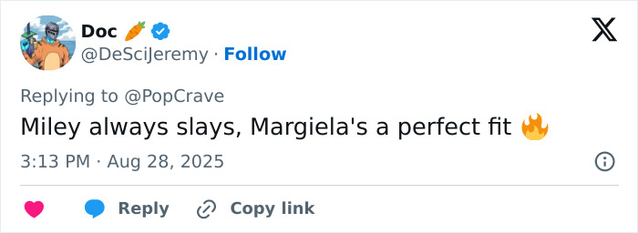Fan tweet praising Miley Cyrus' body paint campaign for Maison Margiela, calling the collaboration a perfect fit. Fan tweet praising Miley Cyrus' body paint campaign for Maison Margiela, calling the collaboration a perfect fit.