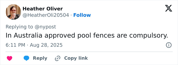 Tweet by Heather Oliver commenting on pool safety, emphasizing compulsory approved pool fences in Australia after tragic drowning. Tweet by Heather Oliver commenting on pool safety, emphasizing compulsory approved pool fences in Australia after tragic drowning.