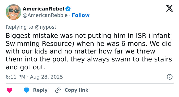 Screenshot of a Twitter reply discussing infant swimming resource and a 3-year-old's tragic drowning in home pool incident. Screenshot of a Twitter reply discussing infant swimming resource and a 3-year-old's tragic drowning in home pool incident.