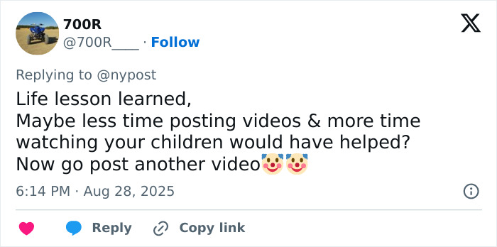 Tweet criticizing momfluencer after 3-year-old's tragic drowning in home pool, urging more child supervision over posting videos. Tweet criticizing momfluencer after 3-year-old's tragic drowning in home pool, urging more child supervision over posting videos.