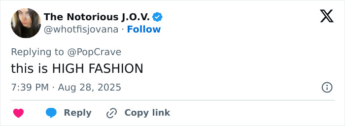 Tweet by The Notorious J.O.V. praising Miley Cyrus' body paint campaign for Maison Margiela as high fashion. Tweet by The Notorious J.O.V. praising Miley Cyrus' body paint campaign for Maison Margiela as high fashion.