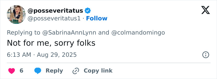 Twitter user @posseveritatus1 replying to Sabrina Carpenter, expressing disinterest in a casual text post. Twitter user @posseveritatus1 replying to Sabrina Carpenter, expressing disinterest in a casual text post.