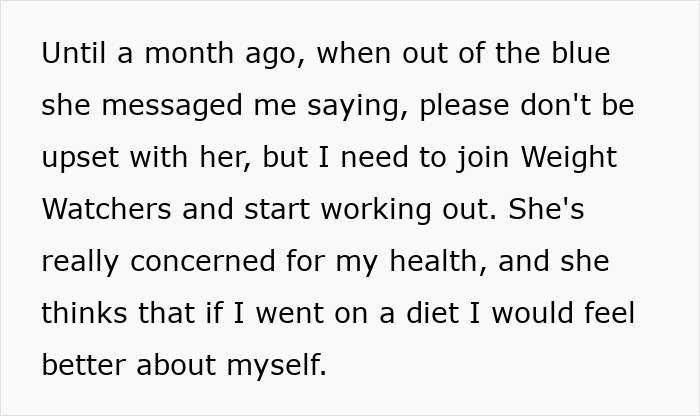 Text on screen about a woman told to lose weight by a good friend after 7 years, mentioning Weight Watchers and health concerns. Text on screen about a woman told to lose weight by a good friend after 7 years, mentioning Weight Watchers and health concerns.