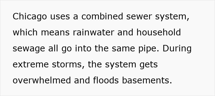 Text explaining Chicago’s combined sewer system causing basement flooding during storms, sewage disaster cleanup underway. Text explaining Chicago’s combined sewer system causing basement flooding during storms, sewage disaster cleanup underway.