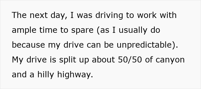 Text excerpt about driving to work and time management illustrating employee’s missed work due to flat tire and GM’s efforts to check the truth.