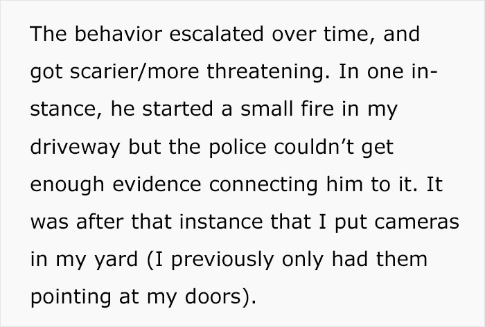 Text excerpt describing escalating threatening behavior and installing yard cameras for safety, involving a dog attack and danger concerns. Text excerpt describing escalating threatening behavior and installing yard cameras for safety, involving a dog attack and danger concerns.