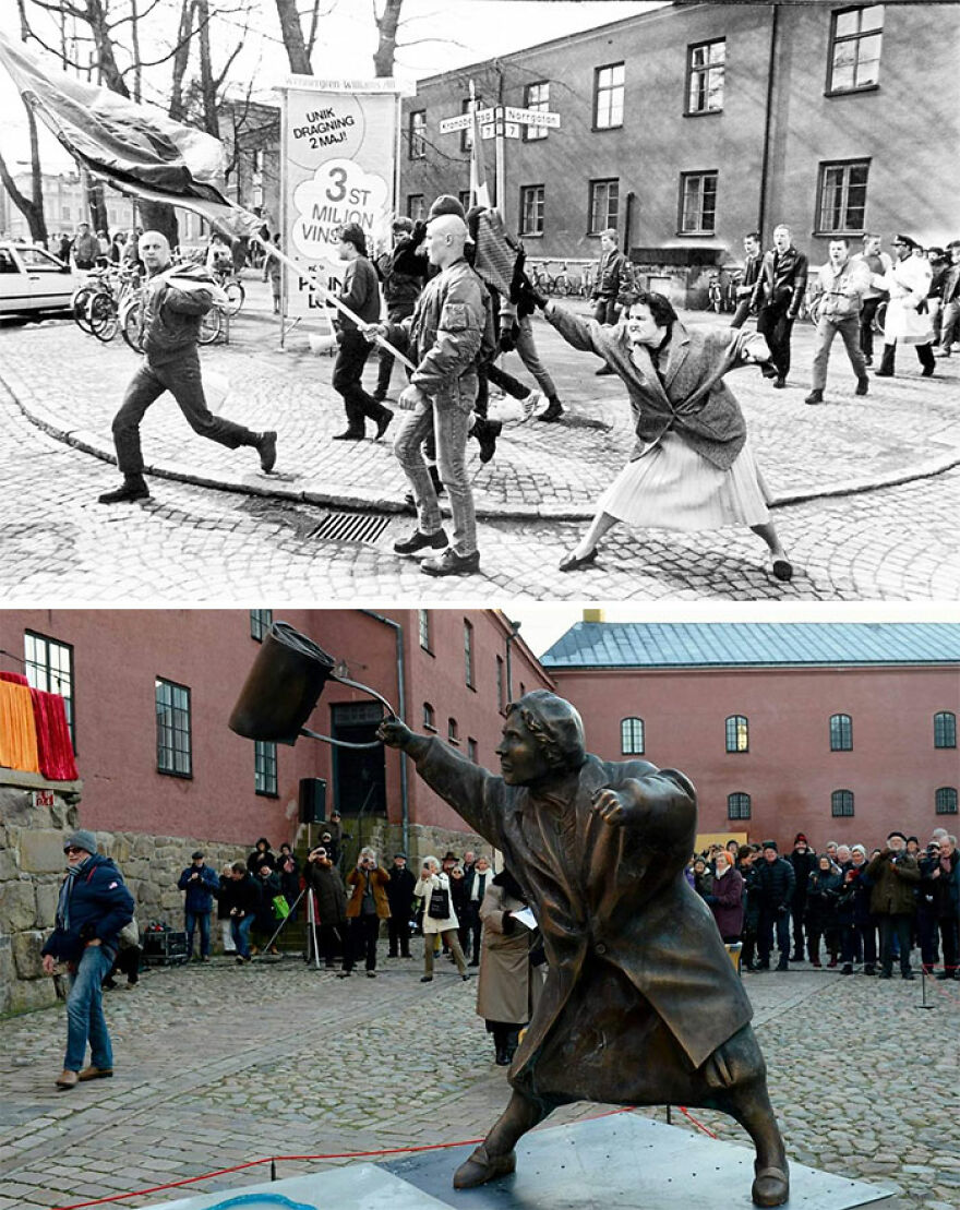 Black and white photo of protest and modern statue reenacting the same scene from a viral online community post.
