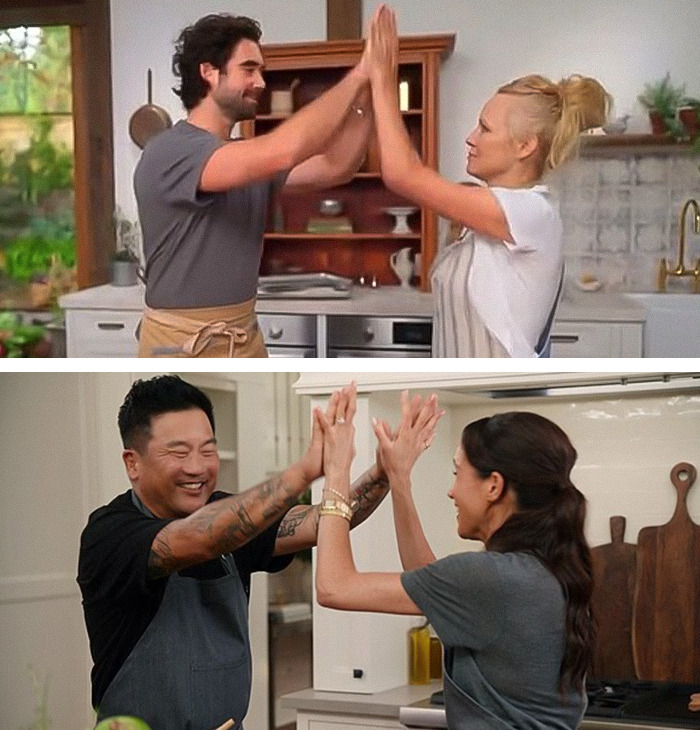 Two pairs of people in kitchens high-fiving, illustrating Pamela Anderson and Meghan Markle cooking show comparison. Two pairs of people in kitchens high-fiving, illustrating Pamela Anderson and Meghan Markle cooking show comparison.