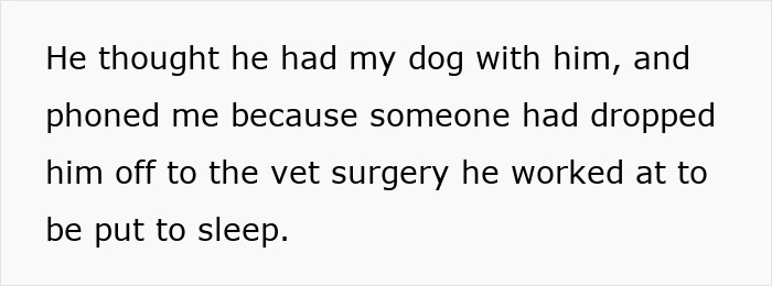 Text image showing a story of a boyfriend trying to stealthily euthanize girlfriend’s dog by taking it to a vet. Text image showing a story of a boyfriend trying to stealthily euthanize girlfriend’s dog by taking it to a vet.