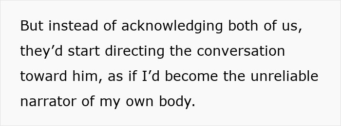 Text discussing chronic pain dismissal, highlighting woman’s experience of being seen as unreliable until validated by husband. Text discussing chronic pain dismissal, highlighting woman’s experience of being seen as unreliable until validated by husband.