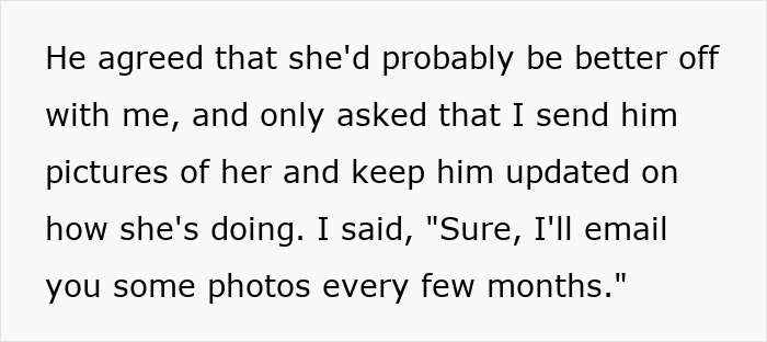 Text passage explaining woman agreed to send ex updates and photos of dog after breakup, including pictures of dog pooping. Text passage explaining woman agreed to send ex updates and photos of dog after breakup, including pictures of dog pooping.