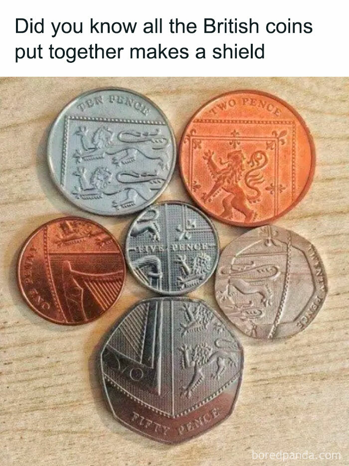 British coins arranged to form a shield, showcasing a unique design only true U.K. meme fans might understand.