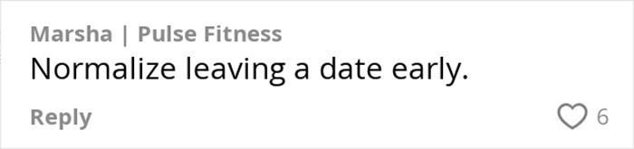 Comment on TikTok about dating advice, emphasizing normalizing leaving a date early amid red flags debate. Comment on TikTok about dating advice, emphasizing normalizing leaving a date early amid red flags debate.