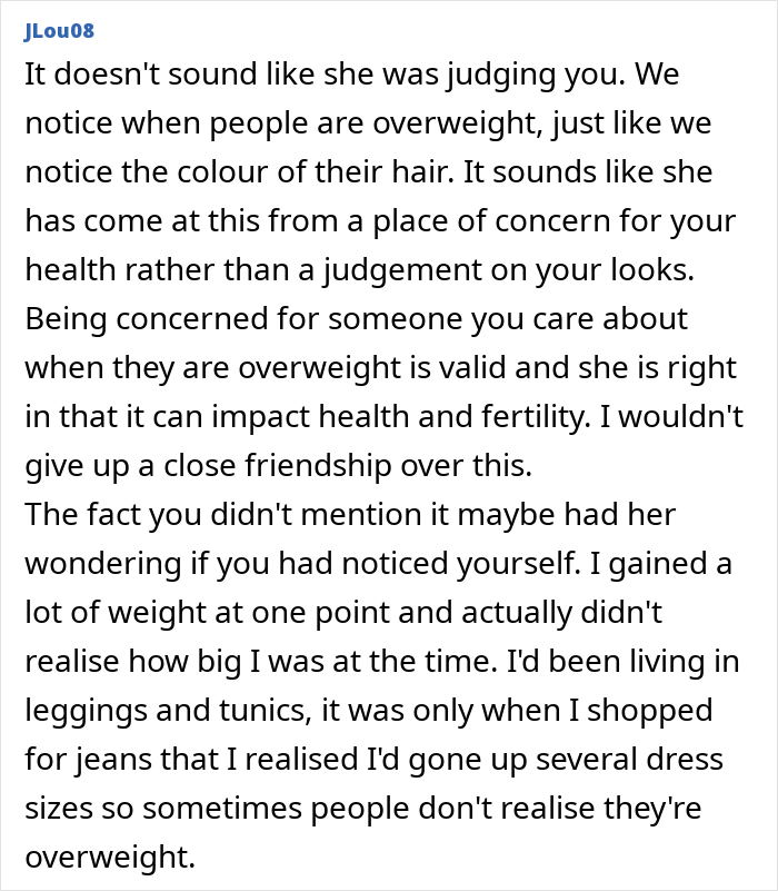 Comment discussing concern for a friend's health and weight after not seeing each other for years. Comment discussing concern for a friend's health and weight after not seeing each other for years.