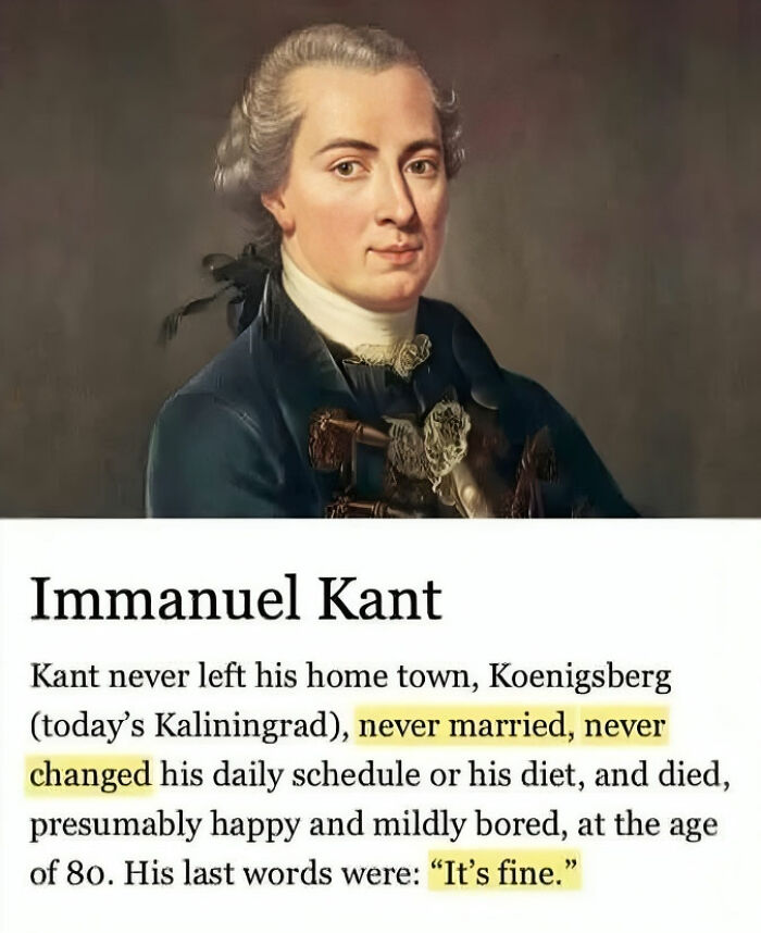 Portrait of Immanuel Kant with historical facts about his routine and life in a popular historical photos collection.
