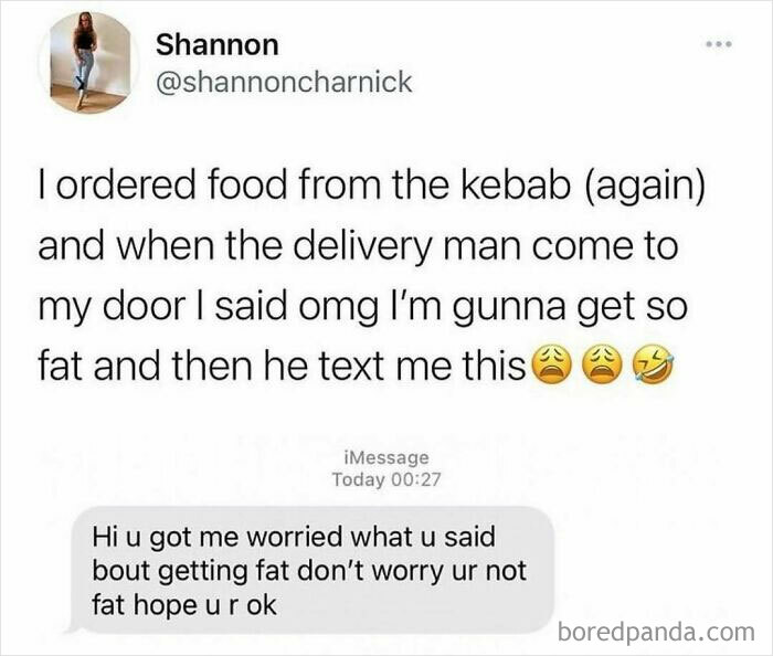 Social media post with a humorous text exchange about food delivery, showcasing chaotic British memes.