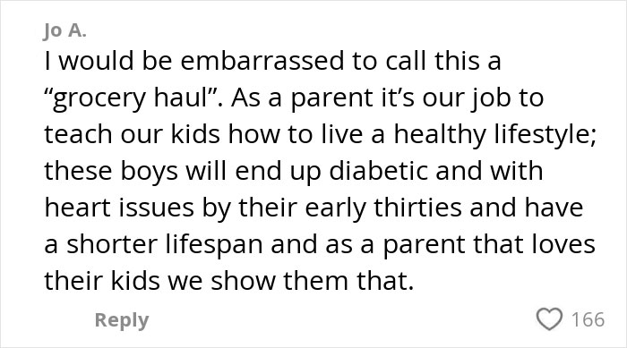 Comment criticizing unhealthy food choices in an American family grocery haul, expressing concern for children's health. Comment criticizing unhealthy food choices in an American family grocery haul, expressing concern for children's health.