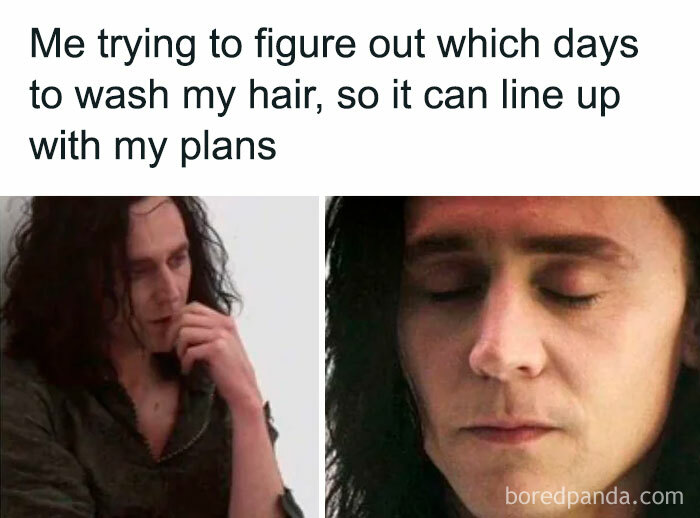 Person deep in thought humorously trying to figure out hair wash days, a relatable friendship meme for sharing with best friends.