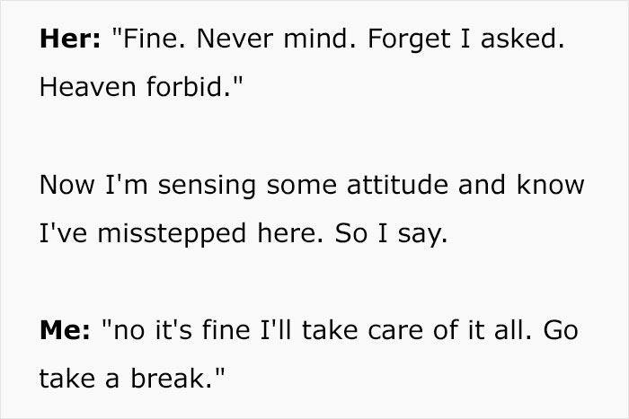 Text message exchange showing a wife sensing attitude after husband says she couldn’t do it without him.