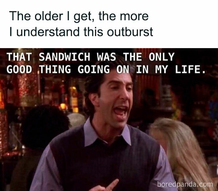 Man passionately shouting about a sandwich in a relatable friendship meme to share with best friends.