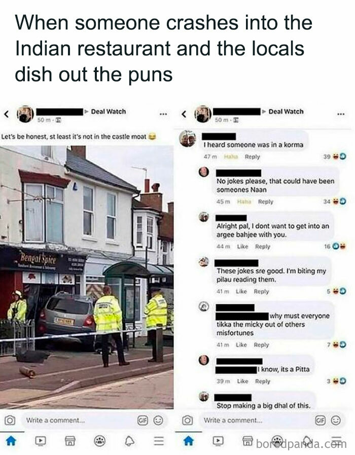 Chat screenshots of chaotic British memes with food puns related to Indian cuisine and local humor in the U.K.