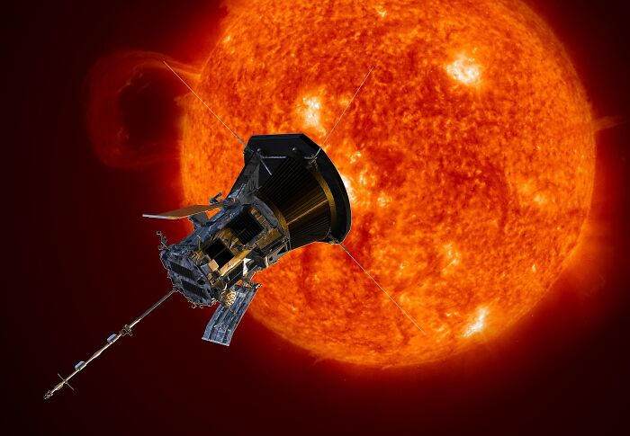 Spacecraft flying near the sun, showcasing one of the record-breaking inventions moving at mind-blowing speeds in space.