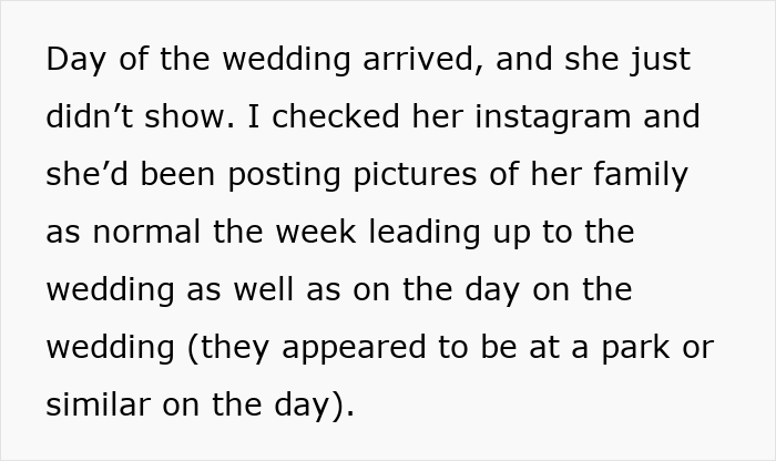 Text excerpt about a woman turning flaky and missing her friend’s wedding despite normal social media activity before the event. Text excerpt about a woman turning flaky and missing her friend’s wedding despite normal social media activity before the event.