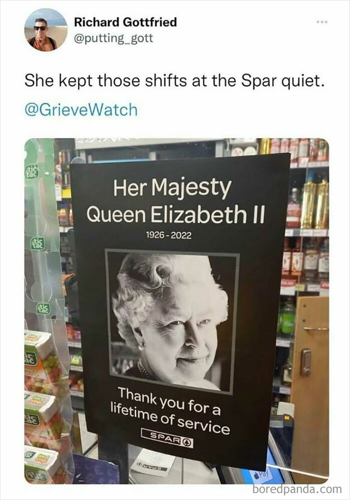 Memorial sign for Queen Elizabeth II in a Spar store, highlighting British culture in chaotic British memes.