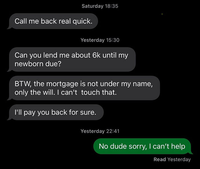 Text message conversation showing friends call two decades later with a loan request and refusal in a dark mode chat interface. Text message conversation showing friends call two decades later with a loan request and refusal in a dark mode chat interface.