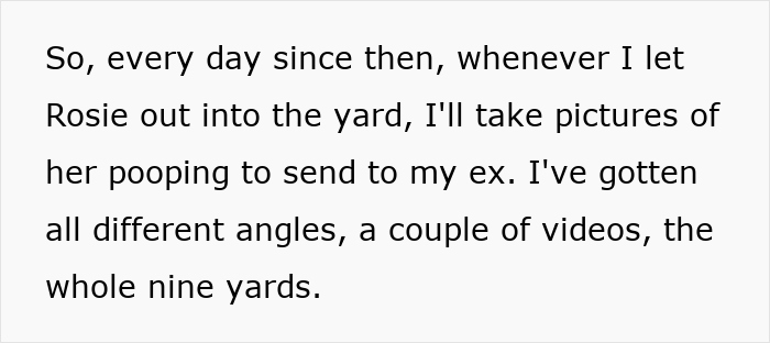 Text describing a woman retains dog after breakup, sending her ex multiple photos of the dog pooping daily. Text describing a woman retains dog after breakup, sending her ex multiple photos of the dog pooping daily.