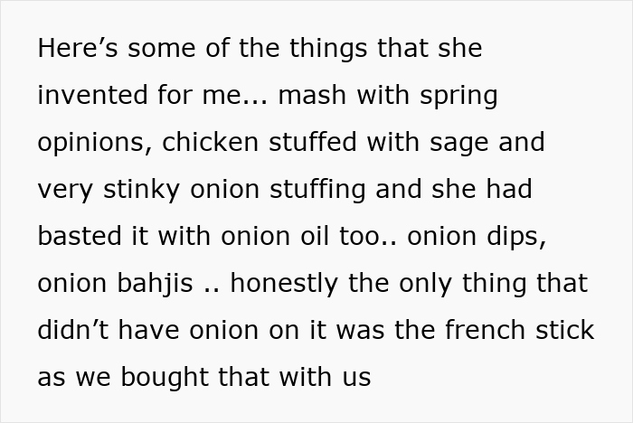 Text excerpt describing various onion-based dishes invented by a woman, related to mil-try-poison-woman context.