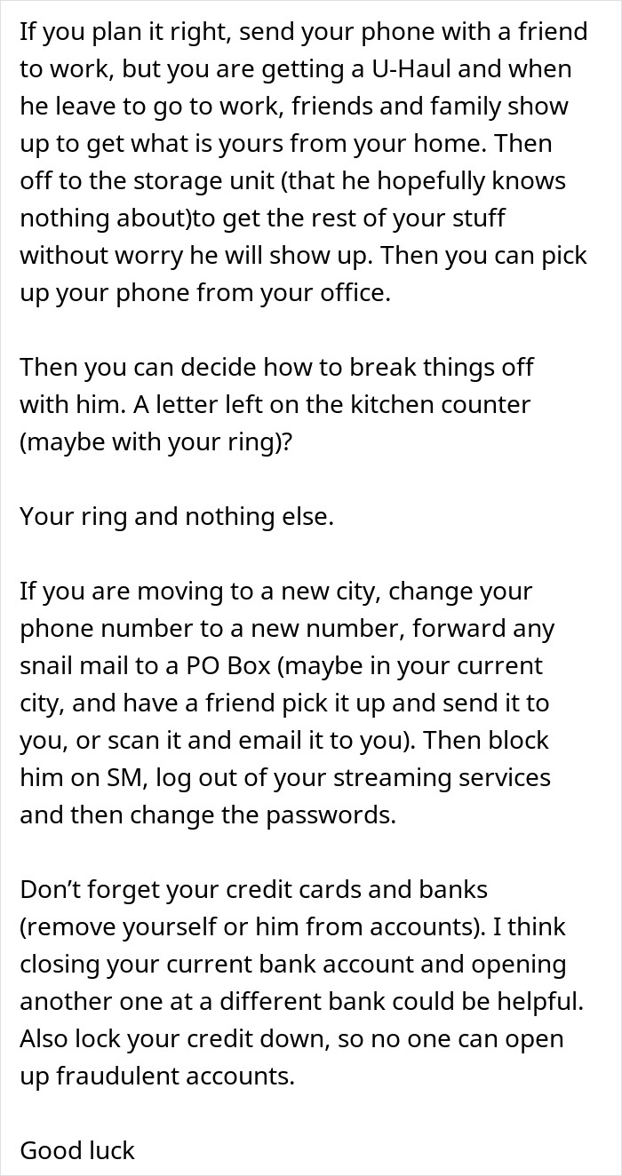 Text advice on handling phone calls, moving, and securing credit cards after a woman goes shopping missing fiance calls. Text advice on handling phone calls, moving, and securing credit cards after a woman goes shopping missing fiance calls.