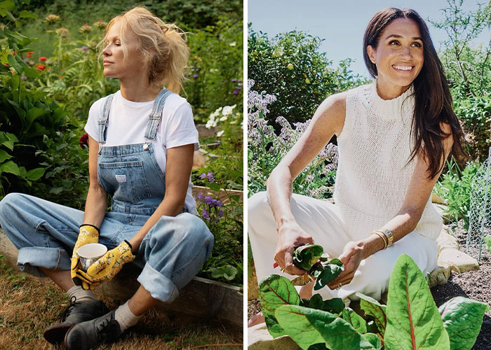 Pamela Anderson and Meghan Markle gardening outdoors, discussed in context of cooking show accusations and fan reactions. Pamela Anderson and Meghan Markle gardening outdoors, discussed in context of cooking show accusations and fan reactions.