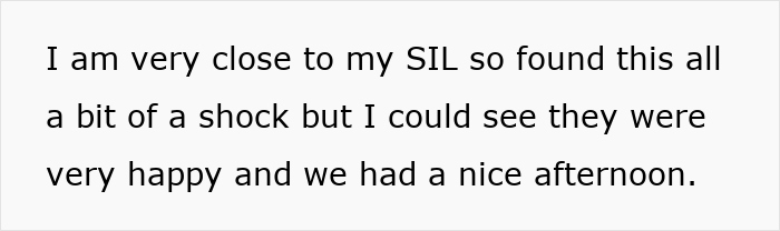Text on a white background reads about being close to sister-in-law, shocked but happy about events at a family BBQ. Text on a white background reads about being close to sister-in-law, shocked but happy about events at a family BBQ.
