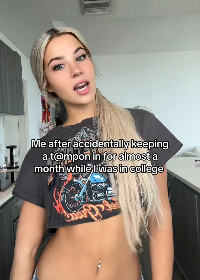 Young woman sharing her story about accidentally leaving a tampon inside for a month in a casual home setting. Young woman sharing her story about accidentally leaving a tampon inside for a month in a casual home setting.