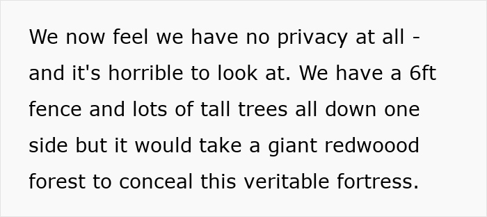 Text excerpt describing frustration over lack of privacy due to a neighbor's large playhouse overshadowing the house. Text excerpt describing frustration over lack of privacy due to a neighbor's large playhouse overshadowing the house.