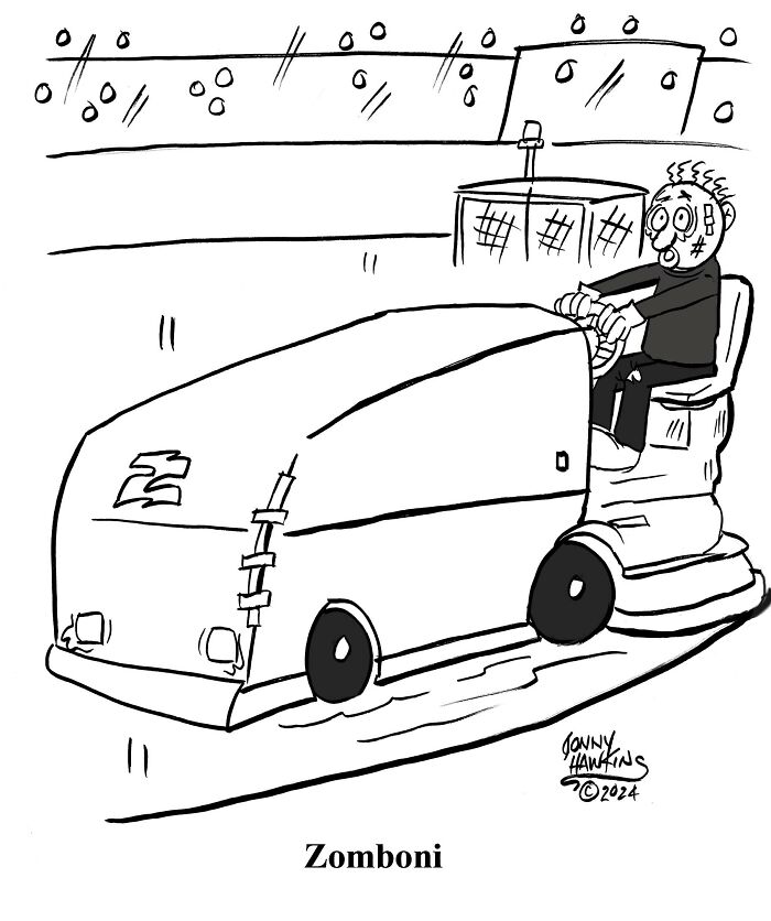 Playful one-panel comic by Jonathan Ray Hawkins showing a zombie driving a Zamboni on an ice rink.