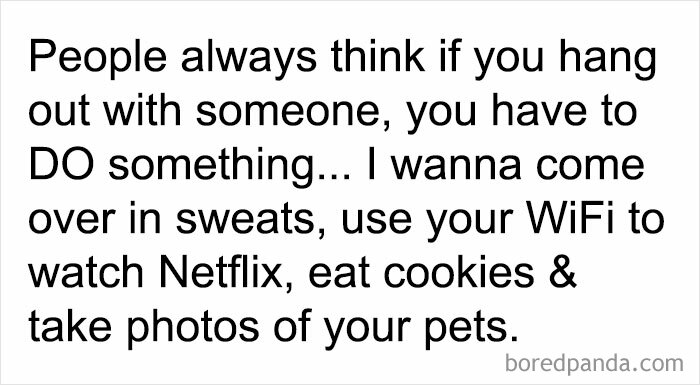 Casual friendship meme about hanging out, watching Netflix, eating cookies, and taking photos of pets.