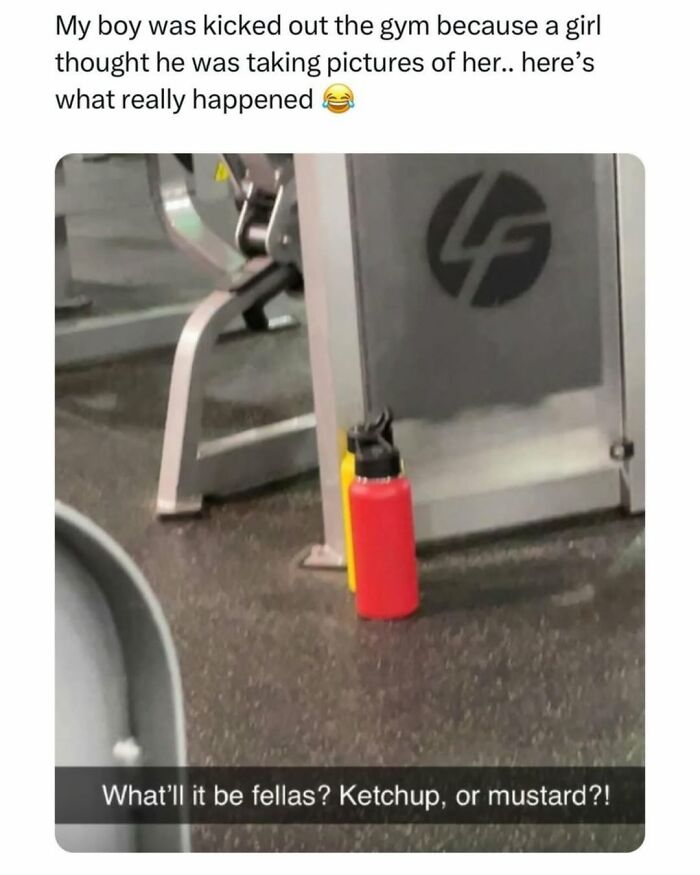 Funny gym meme showing ketchup and mustard bottles with a caption to entertain and fight boredom.